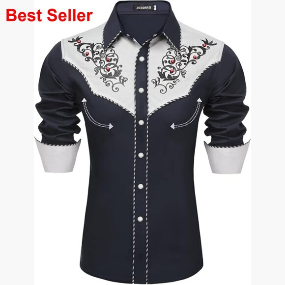 Men's Long Sleeve Pearl Snap Western Shirt with Rhinestone Embroidery